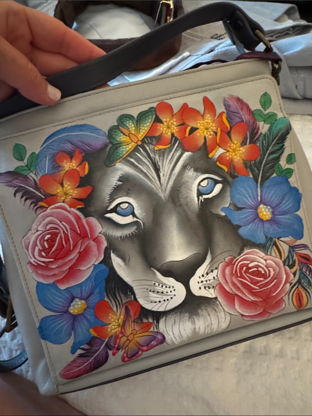 Anuschka Hand-Painted Floral Crossbody Bag in Light Gray with Multicolor Artwork - Picture 2 of 11
